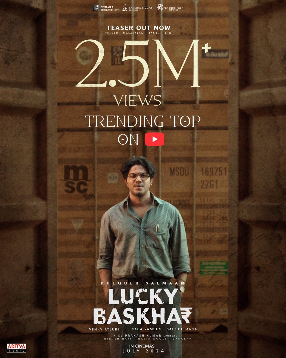 #LuckyBaskhar has seized everyone's attention with his arrival! 🔥💰 #LuckyBaskharTeaser 𝑻𝑹𝑬𝑵𝑫𝑰𝑵𝑮 𝑻𝑶𝑷 on #YouTube with 𝟐.𝟓 𝐌𝐈𝐋𝐋𝐈𝐎𝐍+ 𝐕𝐢𝐞𝐰𝐬 & counting! 🏦💥 ICYMI ▶️ bit.ly/LuckyBaskhar-T… @dulQuer #VenkyAtluri @gvprakash @Meenakshiioffl @vamsi84…