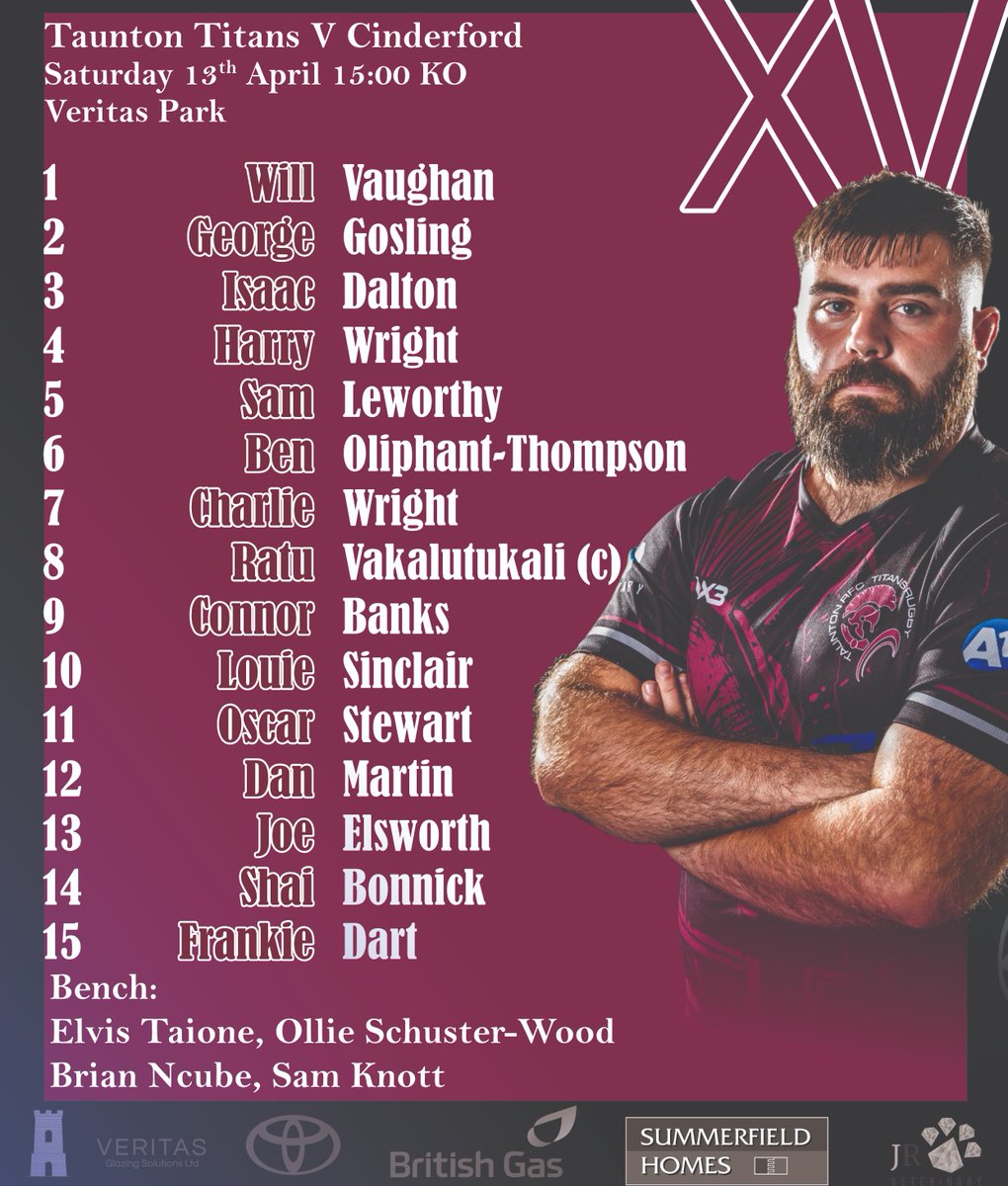 🚨🚨 Team News🚨🚨 Here is your Taunton Titans squad that will be taking to the field one final time this season at Veritas Park where they take on @cinderfordrfc with both teams fighting for survival. We hope to see as many of you as possible here, cheering on the team.