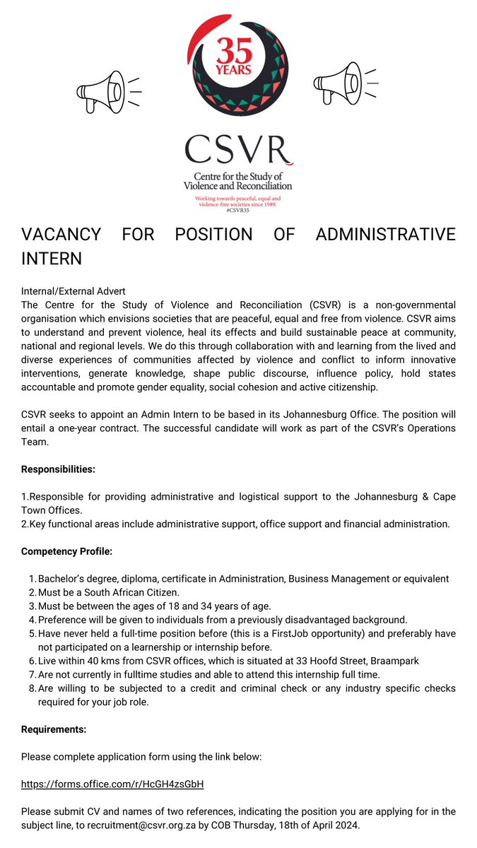 We are #Hiring CSVR seeks to appoint an Administrative Intern to be based in our Johannesburg offices. Submit CV to: recruitment@csvr.org.za and complete the application form: forms.office.com/r/HcGH4zsGbH 🗓️Closing date: 18 April 2024 #JobSeekersSA