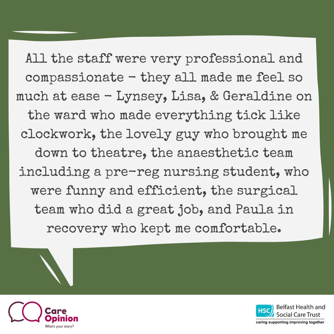 “All the staff were very professional and compassionate - they all made me feel so much at ease.” Kind words from a service user about their recent experience of the Elective Overnight Stay Centre at the Mater Hospital shared on @careopinion. bit.ly/360YCFE