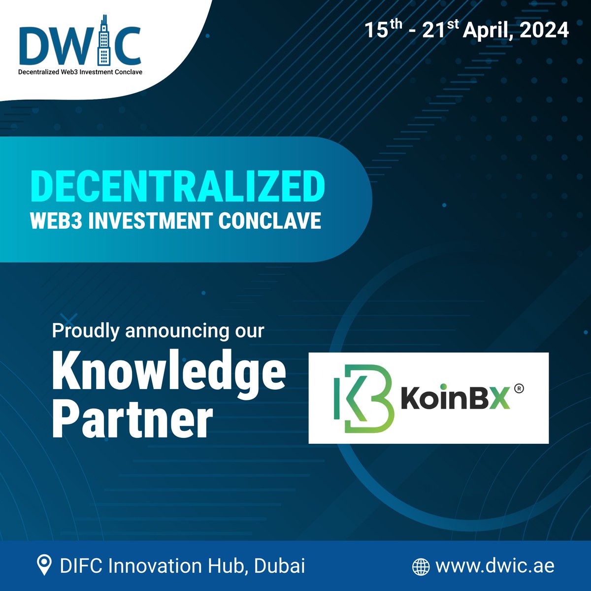 🎉 Excited to announce our partnership with @KoinBX for@DWIC2024!   

Join us at @InnovHubDIFC, Apr 15-21, for a transformative odyssey through the realm of entrepreneurship. 📷 

#DWIC #DWIC2024 #partnership 

Explore: linktr.ee/dwic2024