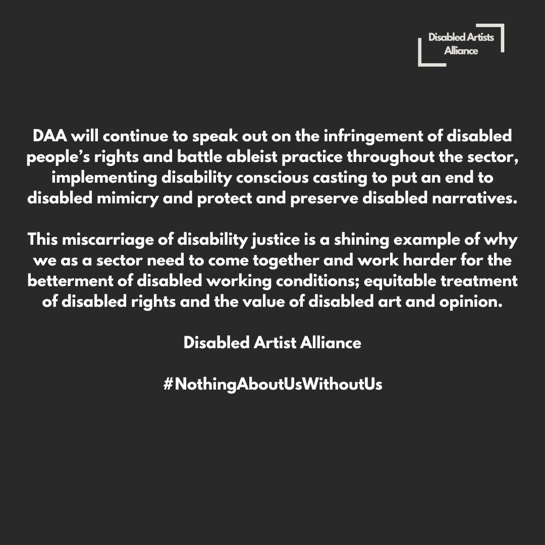 We are an alliance of 281 disabled and allied arts professionals and 35 organisations. This is our statement regarding our meeting with @The_Globe on Monday 18th March 2024.