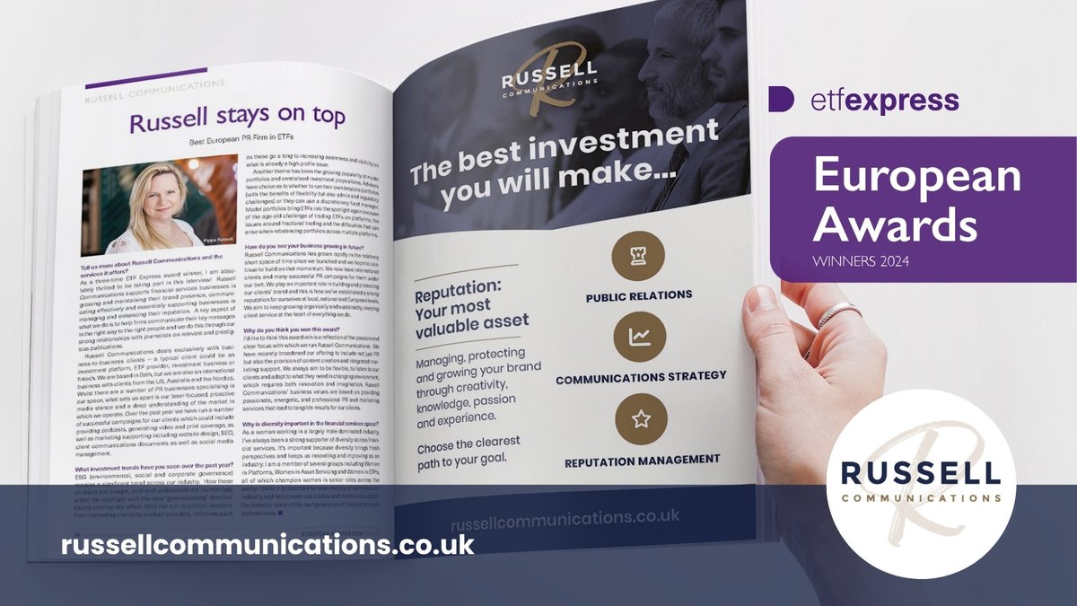 Our Communicator-in-Chief @PippaRComms speaks to @BeverlyChandler @ETFExpress about what it’s like for #russellcommunications to scoop “Best European PR firm in ETFs” for the year in a row!🏆🎉 etfexpress.com/wp-content/upl… #pr #comms #russellcomms #investing