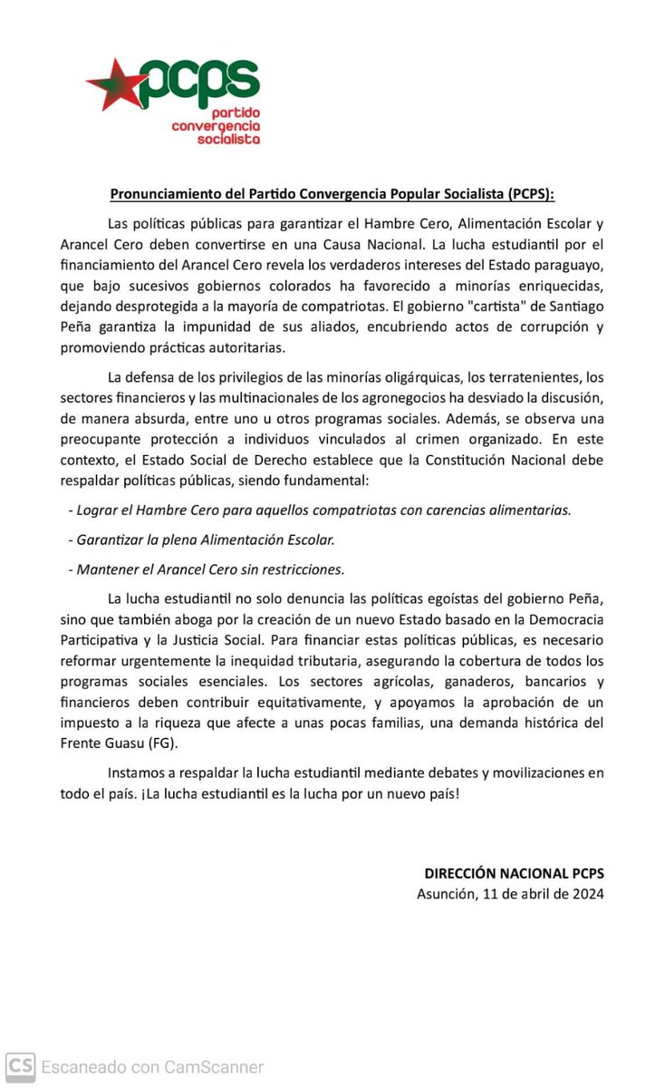 Pronunciamiento de Convergencia Popular Socialista (PCPS) sobre la movilización estudiantil en favor del Arancel Cero...