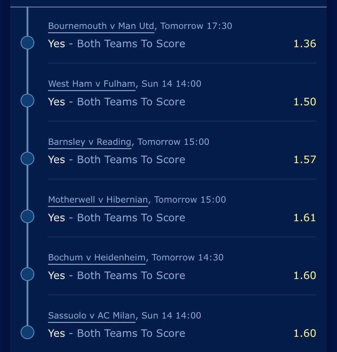 🚨 The BTTS bet is up! 🚨 

A 6-fold acca @ 14.20 with the @WilliamHill bet boost 🔥 ⚽️ 🥅 

#acca #weekendbetter #BTTS #begambleaware