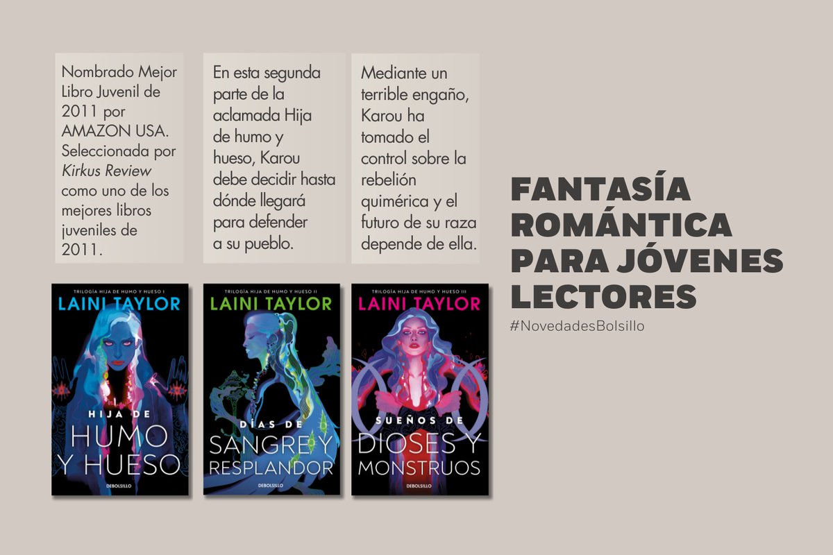 penguinbolsillo's tweet image. Para fans del &apos;romantasy&apos;: trilogía Hija de humo y hueso de @lainitaylor:

👉«Hija de humo y hueso» ➕bit.ly/3VO0Wey
👉«Días de sangre y resplandor» ➕bit.ly/3xn1GNB
👉«Sueños de dioses y monstruos» ➕ bit.ly/4aJhuIE

#NovedadesPenguinBolsillo