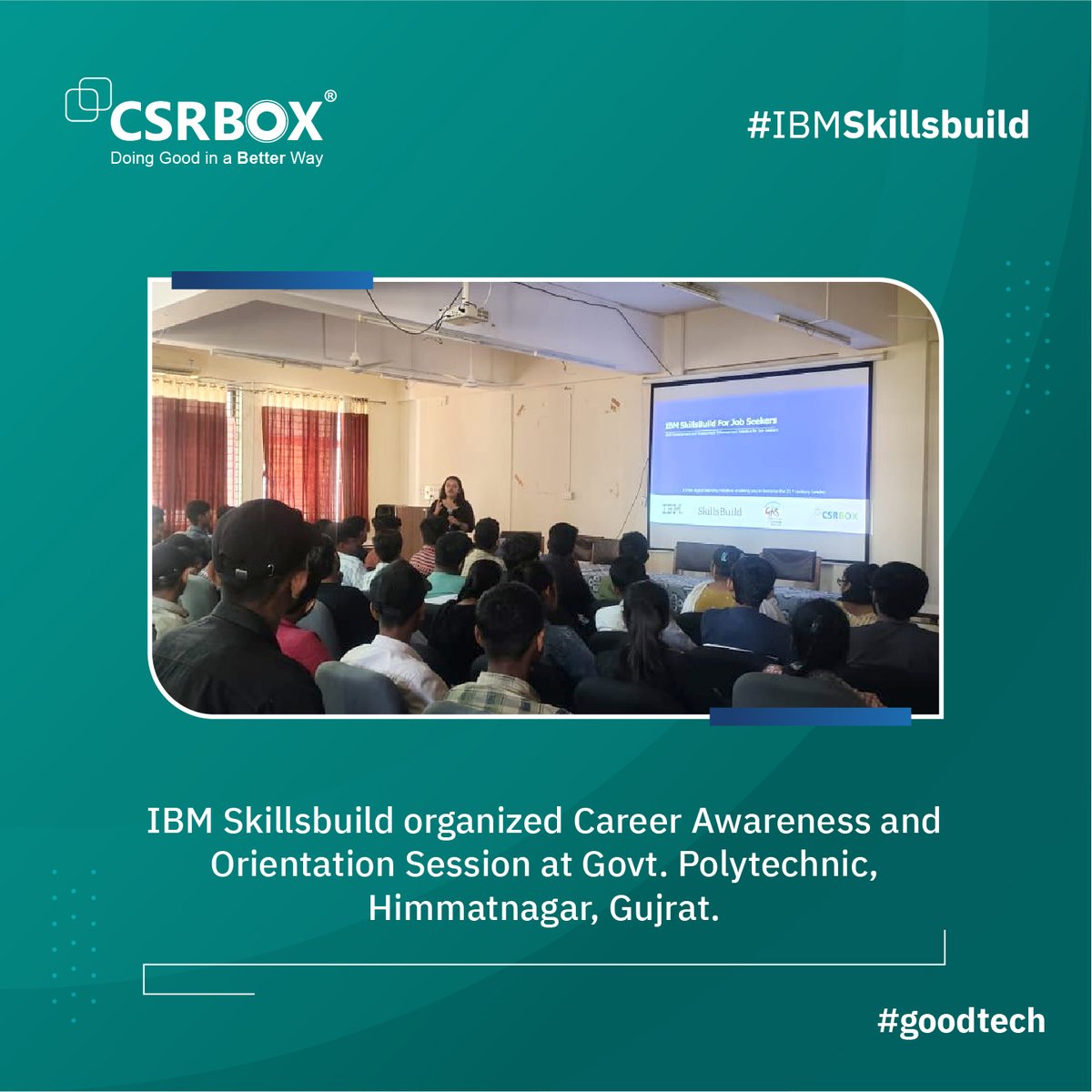 IBM Skillsbuild in collaboration with CSRBOX and Gujarat Knowledge Society, organised an Orientation Session held at Government Polytechnic, Himmatnagar, Gujarat. With 200+ students, the session proved highly engaging. #IBMStories #TechInnovation #SkillsBuildSuccess