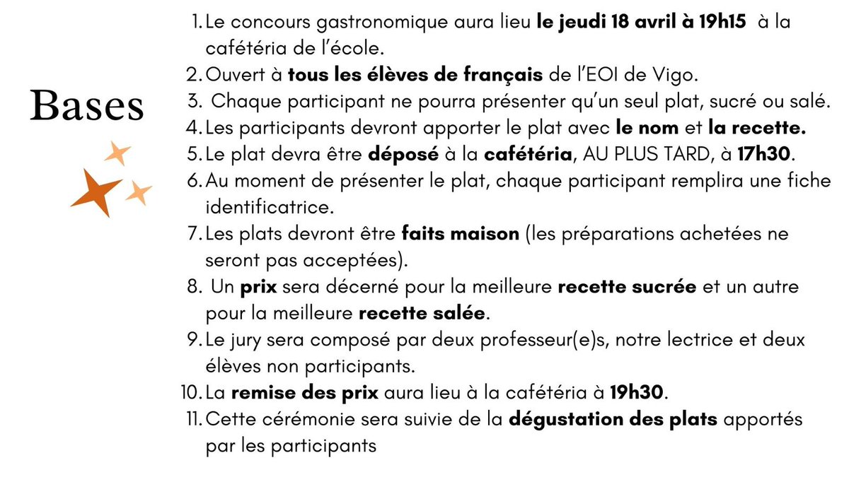 🇫🇷 Un ano máis, chega o concurso gastronómico do Departamento de Francés. Celebrarase o próximo xoves, 18 de abril, na cafetería da Escola. Aquí vos deixamos as bases, que tamén poderedes consultar na nosa páxina web edu.xunta.gal/centros/eoivig…