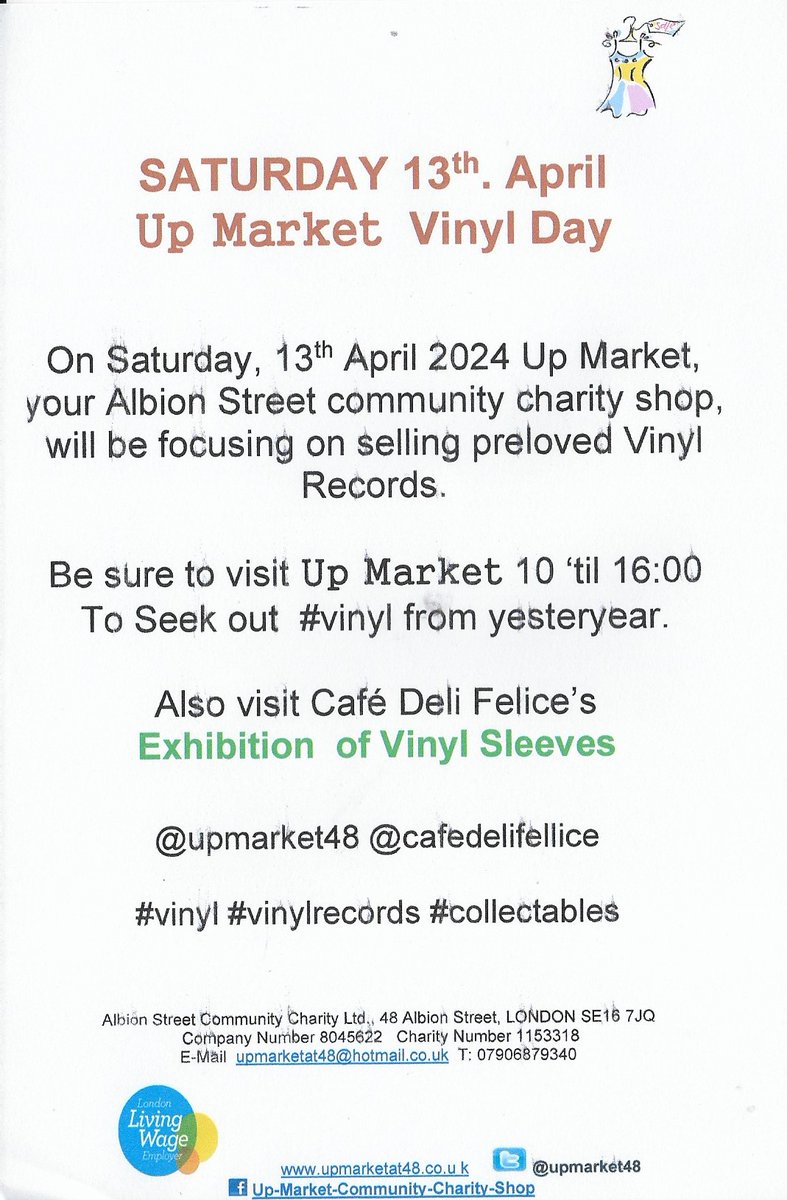 Saturday, 13th Interested in #vinyl ? Visit @upmarket48 for #preloved #vinylrecords #collectibles that changed your #life or evoke #Memories of #yesteryear Also #exhibition of #vinyl #sleeves @CafeDeliFelice #shoplocal @Lontoonkirkko @se16albion @se16