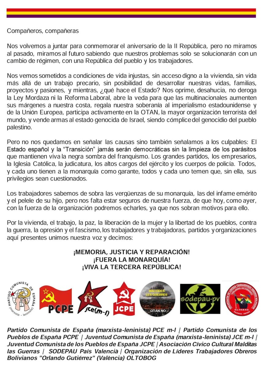 pcpe_valencia's tweet photo. Manifest de la concentració per la #TerceraRepública del proper dissabte 13 a les 18:30h a la plaça de la Verge - #València - 🔴🟡🟣!
Memòria, justícia i reparació!
Fora la monarquia!
Visca la Tercera República!
#BorbonesParasitos! https://t.co/QJHz6IoPQs