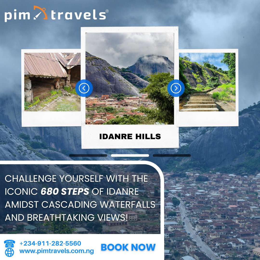 Hike lush forests, conquer the famous 680 steps, and be mesmerized by cascading waterfalls of Idanre Hills in Ondo: Your weekend dose of nature therapy! #PIMTravels

#airtickets #flight #tourism #travelagency #stay #airlines #lagostoAkure #cheapflight #internationalflight