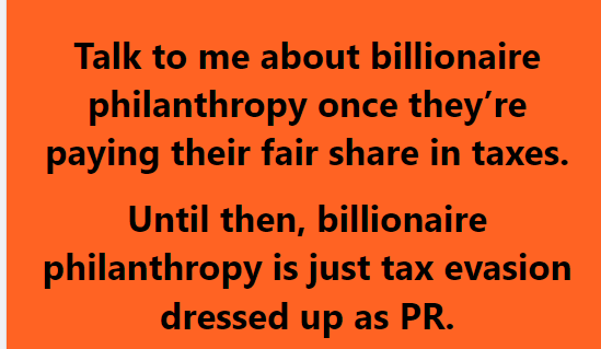 Pay your fair share like the rest of us, for the benefit of ALL of us. Then you can single out for philanthropy, just like the rest of us.
#TaxTheRich 
#TaxTheChurches