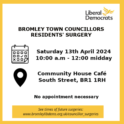 Come and see us at our surgery at Community House on Saturday 13th April from 10am -12 midday - no appointment needed. We're happy to help with any problems you're experiencing or listen to your views. Check out our other dates at bromleylibdems.org.uk/councillor-sur…