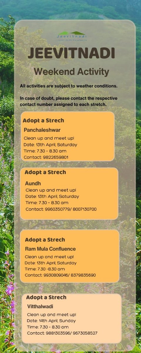 Join us this weekend for our clean up activities: Saturday Clean up Locations: 1.Panchaleshwar: maps.app.goo.gl/UKdaEjW2W5raZs… 2.Aundh : maps.app.goo.gl/H65jK2aipaws3U… 3.Ram Mula confluence: goo.gl/maps/Ud5Y539B7… 👀 Sunday clean up Location: 1.Vitthalwadi : maps.app.goo.gl/4hMohpEfT9m8xt…