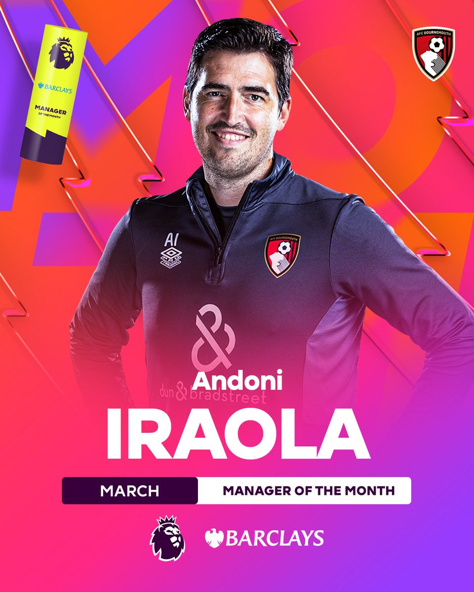 After an unbeaten March, Andoni Iraola has been named @barclaysfooty Manager of the Month! 🍒 #PLAwards | @afcbournemouth