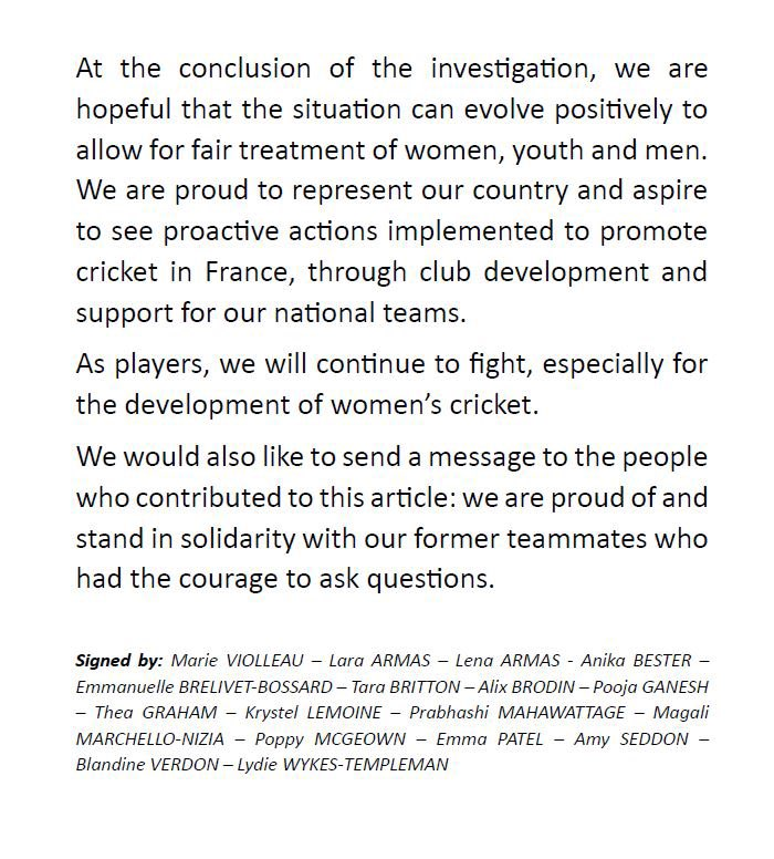 This was the open letter written and signed by the French Women's National Cricket Team in November 2023
