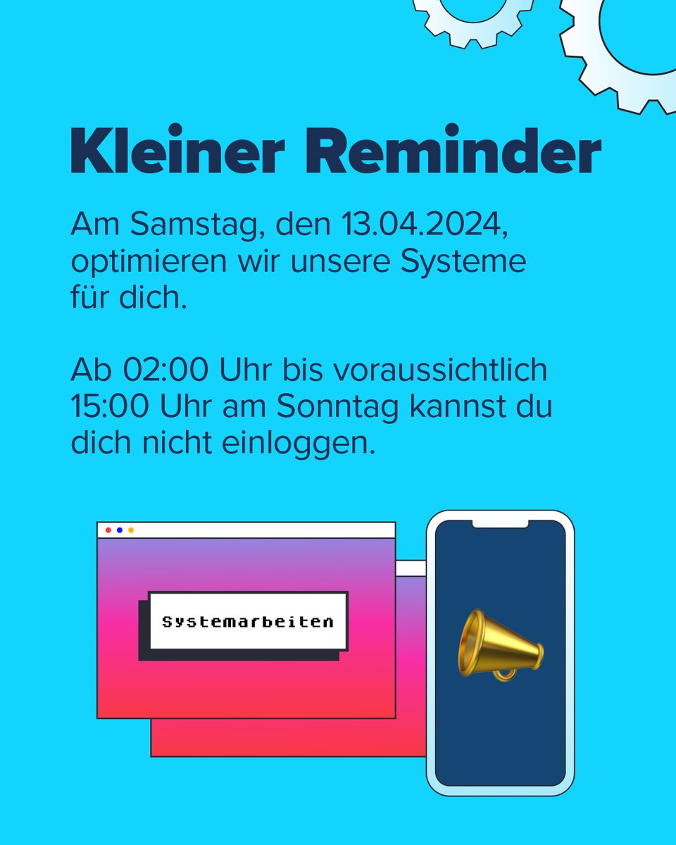 📣 Es folgt ein kleiner Reminder zu den anstehenden Systemarbeiten am Wochenende

Wir geben dir Bescheid, sobald die Arbeiten abgeschlossen sind.

Happy ☀ weekend!