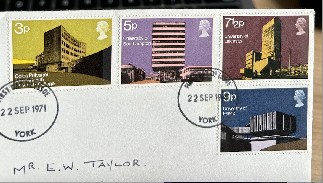 In 1971 the Post Office deemed that post-war university buildings were architecturally and culturally significant enough that they should appear on stamps. Four were issued: Aberystwyth, Southampton, Leicester and Essex.