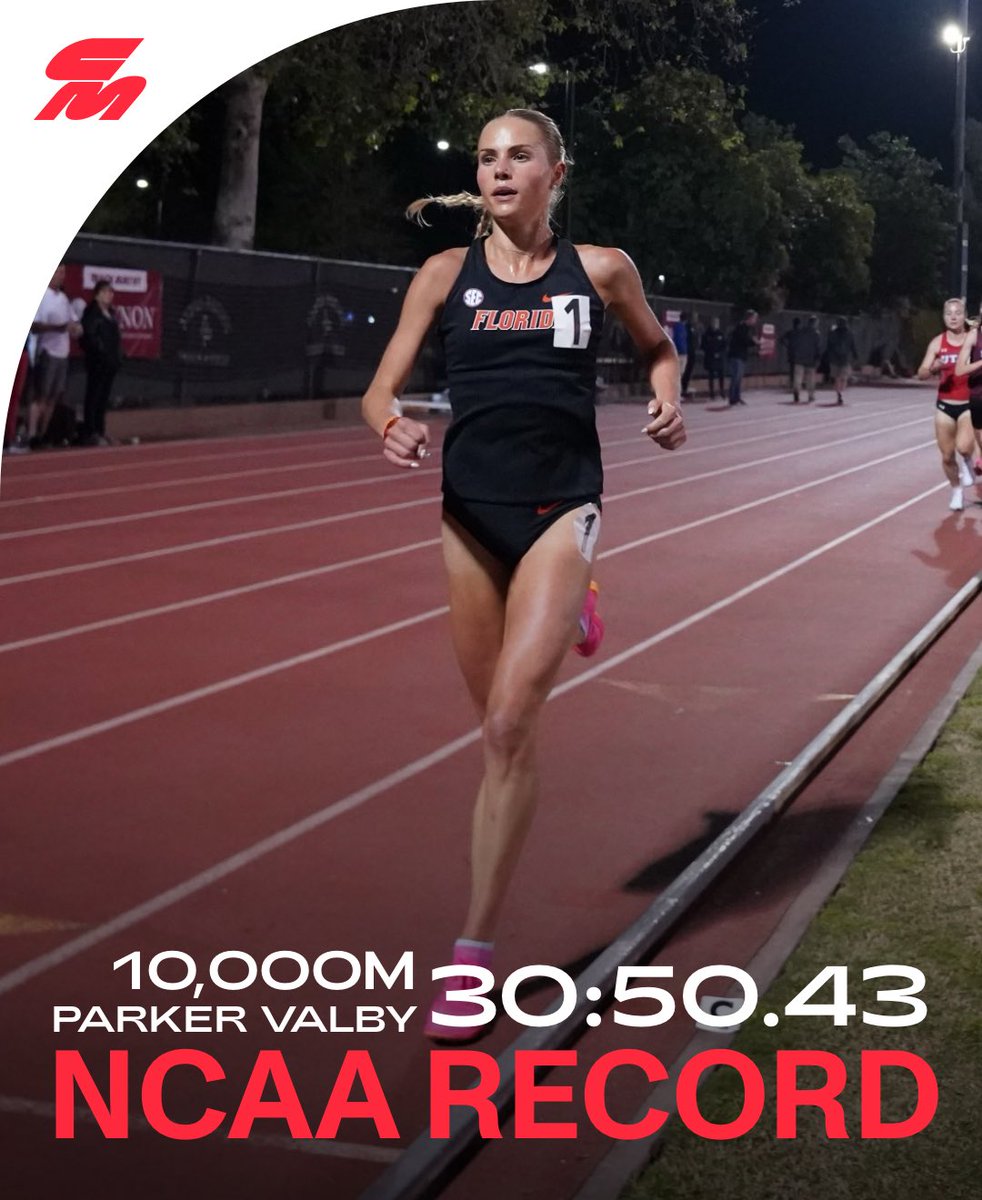 ANOTHER ONE! 🏆 @gatorstf’s @parkervalby smashes the NCAA 10,000m record in 30:50.43 at the Bryan Clay Invitational, which was also her debut at the distance. She took 28 seconds off the previous record, which has stood for 14 years. Valby split 15:30 through the first 5000m.