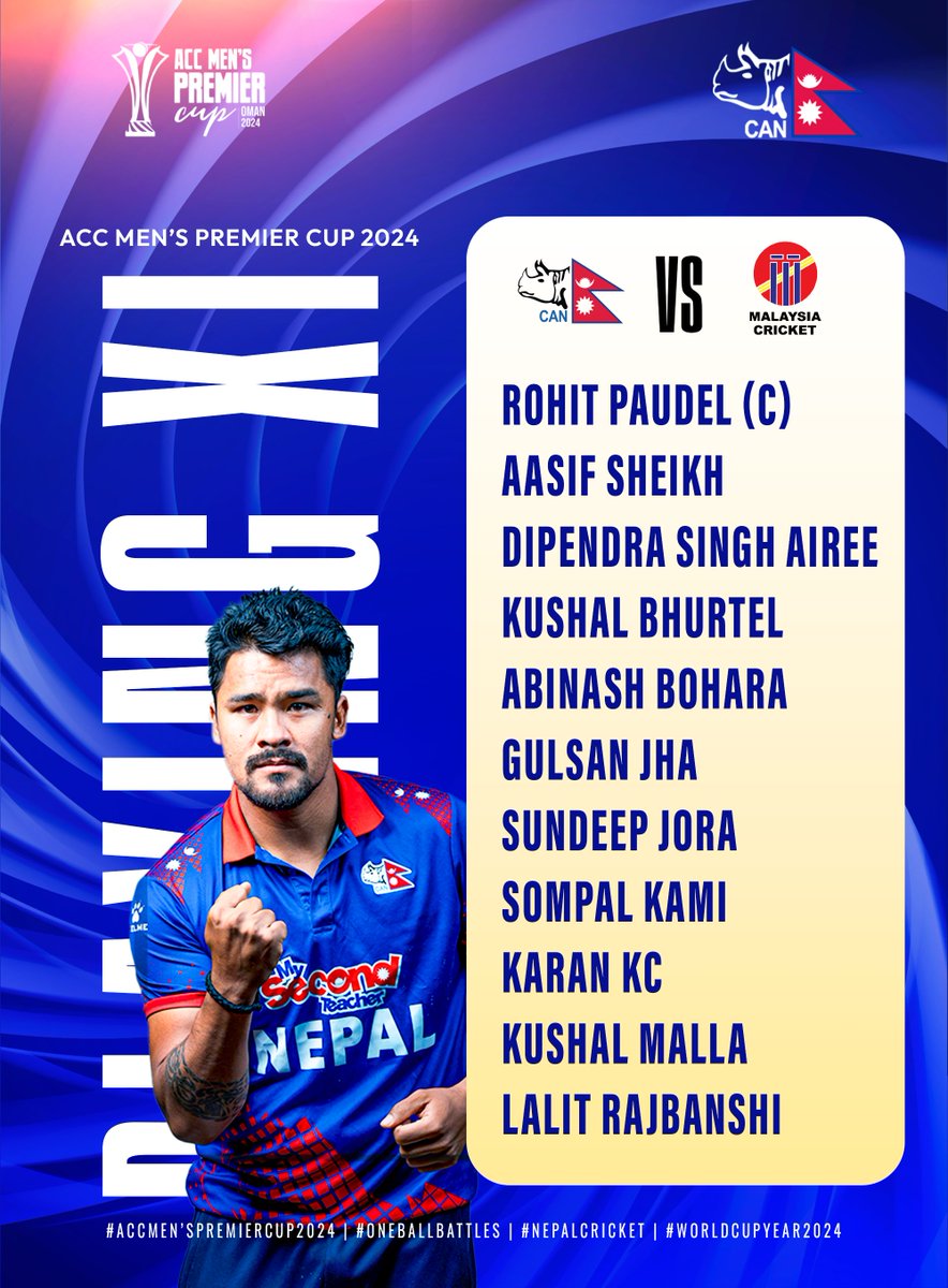 #Rhinos are all set to field first against Malaysia in the ACC Men's Premier Cup 2024 🇳🇵⚡️ #ACCMensPremierCup2024 | #WorldCupYear2024 | #OneBallBattles | #NepalCricket