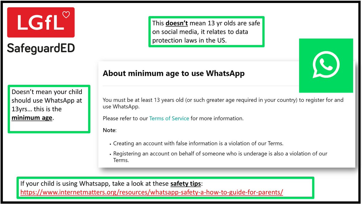 Did you know the WhatsApp minimum age was lowered in the UK last Wednesday from 16yrs to 13yrs? 🤔😲 ➡️PARENTS: Take a look at parentsafe.lgfl.net for more #OnLineSafety support ➡️SCHOOLS: How will you update & support pupils & parents? @LGfL @LGfLIncludED #safeguarding