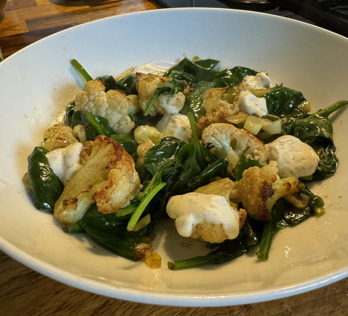 Cauliflower fried in brown butter with spring onions and spinach. Tesco Finest truffle and pecorino mayo 👌🏼 #Foodie #recipe #foodphotography