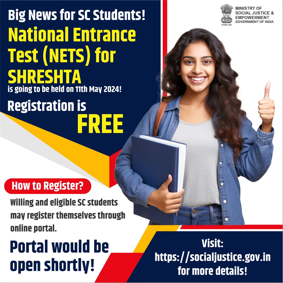 The National Entrance Test (NETS) for SHRESHTA is happening on 11 May 2024, and here's your chance to pave the way for a brighter future! Registration is completely FREE!
#NETS2024 #SHRESHTA #FreeRegistration #EducationForAll #SCStudentsPower'