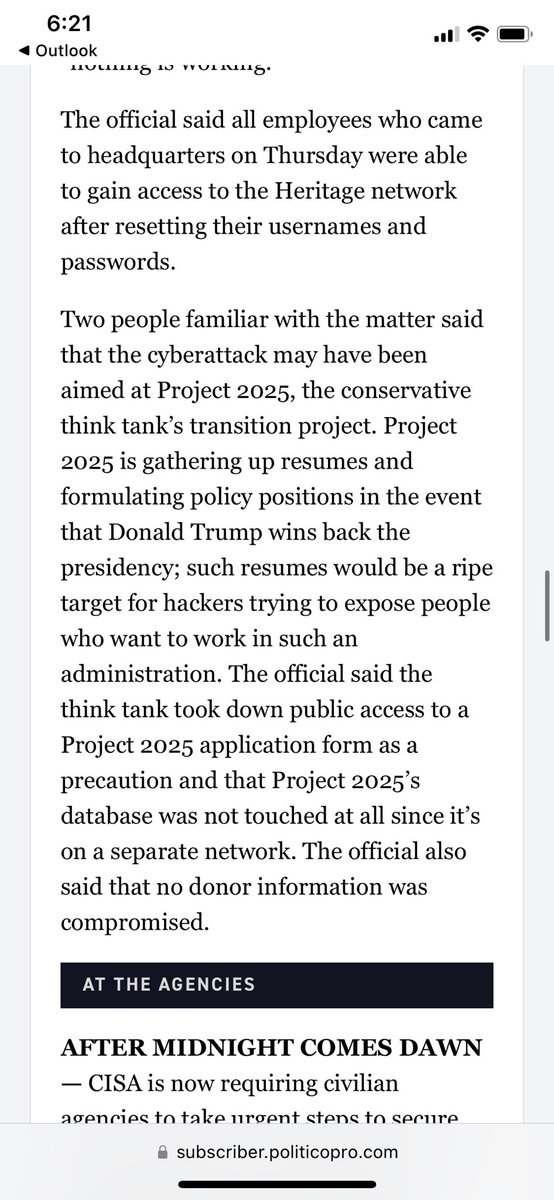 SCOOP: The cyberattack that targeted the Heritage Foundation on Wednesday likely came from Chinese or Russian nation-state actors, a determination made by their security vendor after an investigation, a Heritage official told me. subscriber.politicopro.com/newsletter/202…