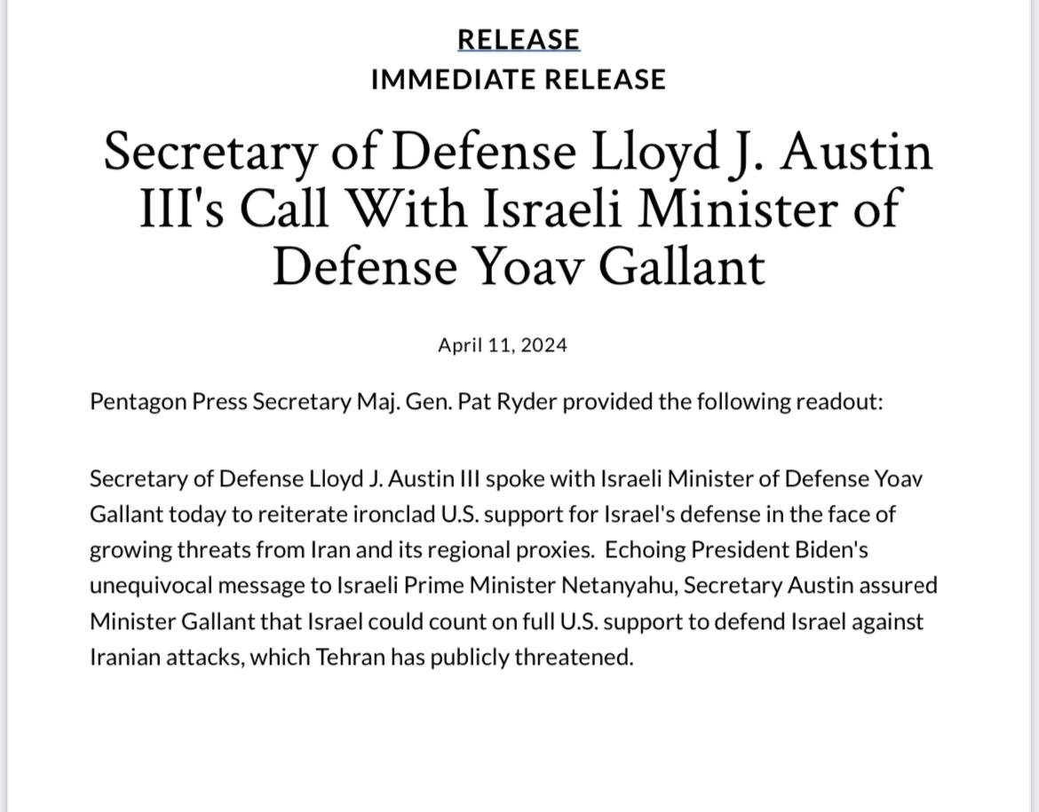 The United States has vowed that Israel can 'count on full U.S. support to defend Israel against Iranian attacks, which Tehran has publicly threatened.' 🇮🇱🇺🇸