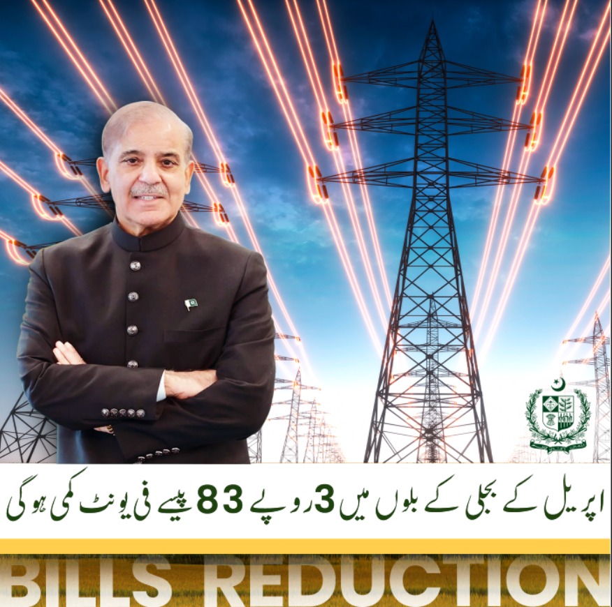 وفاقی حکومت کا بجلی صارفین کے لیے شاندار تحفہ اپریل کے بجلی کے بلوں میں 3 روپے 83 پیسے فی یونٹ کی کمی قیمت میں کمی ماہانہ فیول ایڈجسٹمنٹ کی مد میں کی گئی ہے