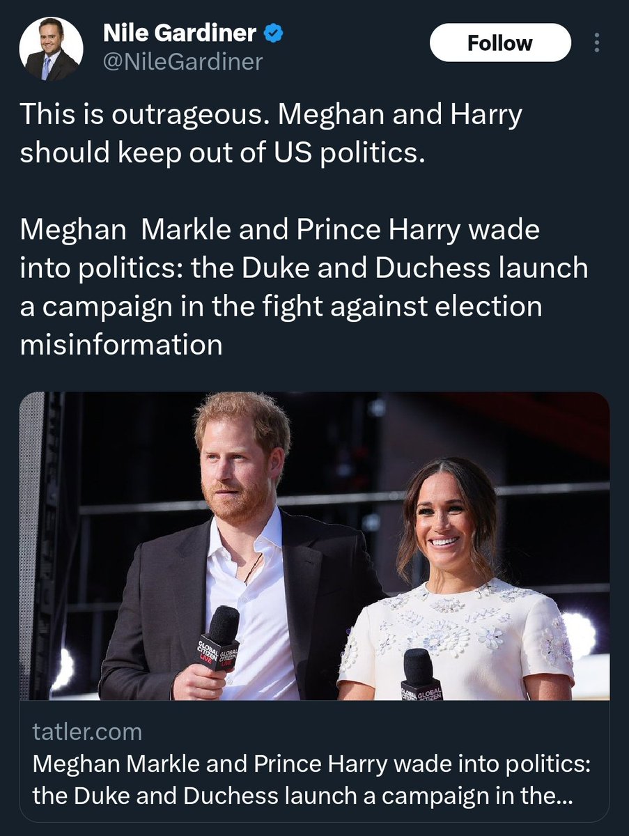 Oh Nile. Meghan is American she can talk about 🇺🇸 politics as much as she wants. But what really bothers you, is that they're fighting misinformation, which you and your friends love to spread, that's why you're mad.