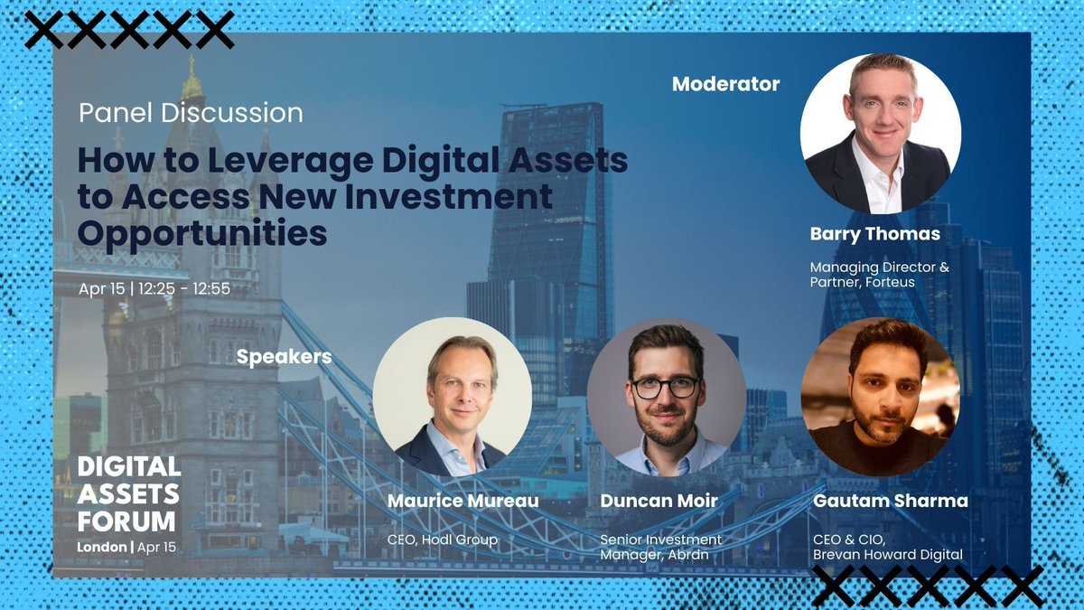 Explore new investment opportunities and strategies to maximize your investment potential with @DAF_London's panel on leveraging digital assets Featuring: @MauriceMureau | CEO - @hodl_funds @duncanmmoir | Senior Investment Manager - @abrdn_plc Gautam Sharma | CEO & CIO -