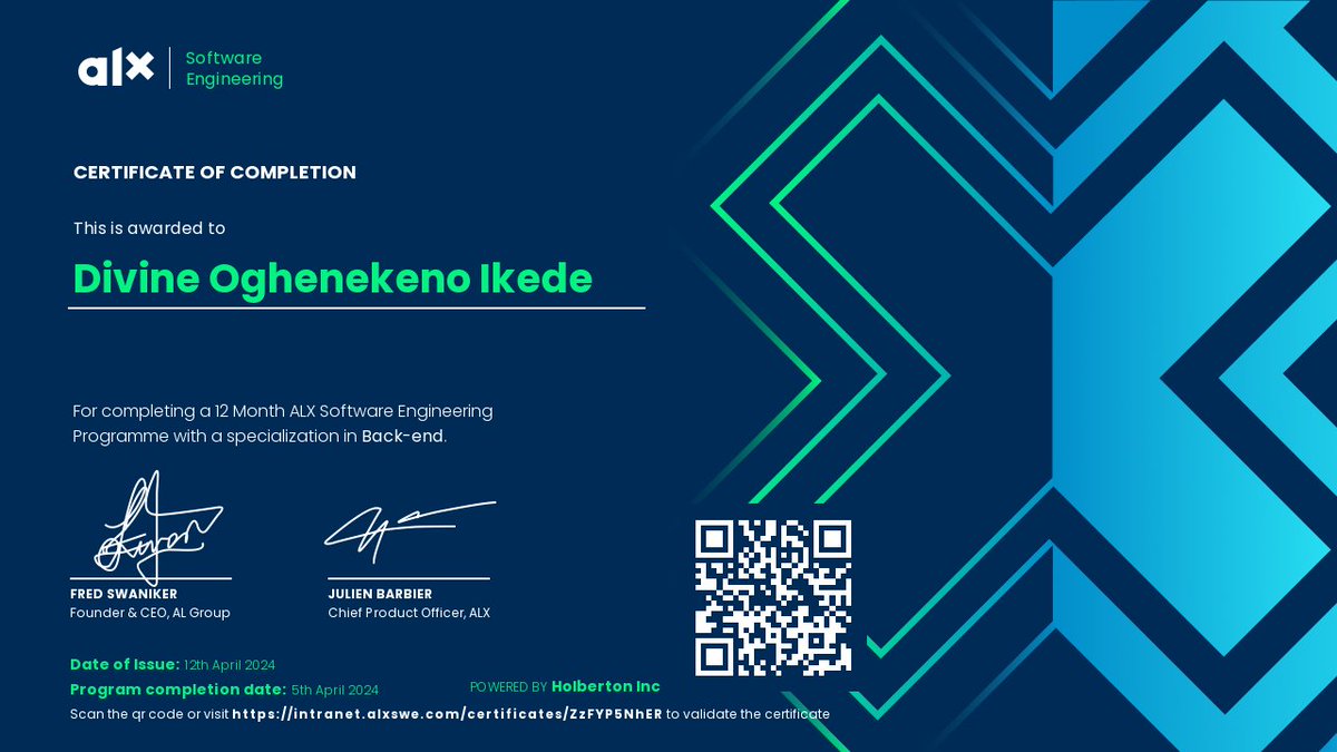 Officially a certified software engineer and backend specialist 🎉🔥🚀 Woooooh🥳 Thank you #ALX This past year has been a blast 💥 A truly unforgettable experience ✨ #ALX_SE #ALXGrad #buildinpublic #100DaysOfALXSE