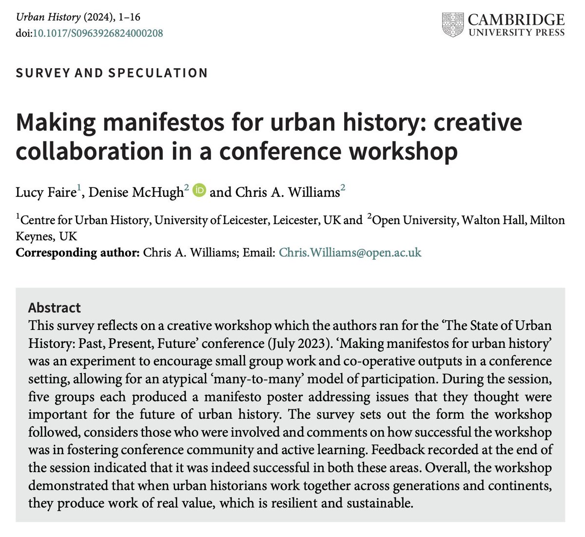 🔓 New #OpenAccess article on #FirstView 🖌️ @Dr_LucyFaire, @DrDenisemary and @OU_Williams, 'Making manifestos for urban history: creative collaboration in a conference workshop' 🔗 bit.ly/3JeClIc #UrbanHistory