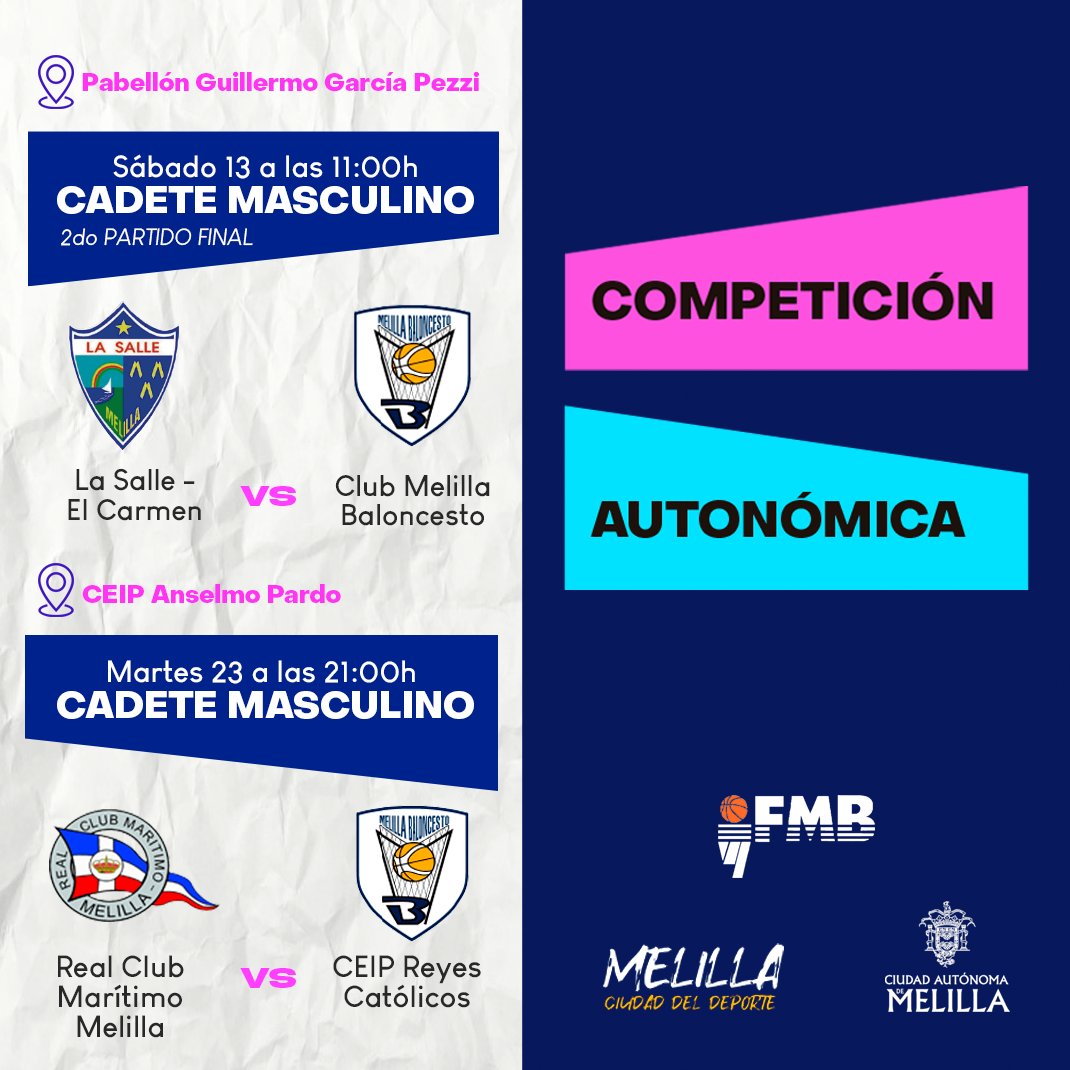👧🏽​​​👦🏽​💙 | 𝗖𝗔𝗡𝗧𝗘𝗥𝗔 𝗖𝗠𝗕 Aquí os dejamos nuevos horarios de la 𝗷𝗼𝗿𝗻𝗮𝗱𝗮 𝟭𝟳 de la competición autonómica, donde participan las categorías inferiores del Club Melilla Baloncesto. #MelillaCiudadDelDeporte #cmb #fmb