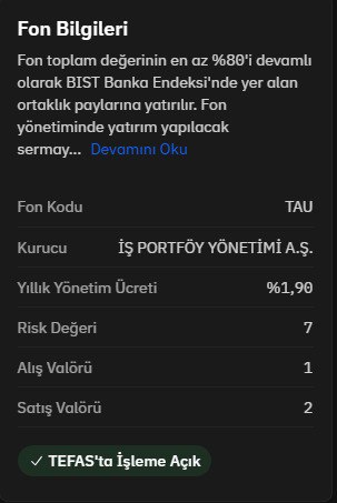 BorsaAzil's tweet photo. İlk olarak sizlere #bist banka hisse senetlerine yatırım yapan 3 farklı fon dan bahsetmek istiyorum.

Elinde banka hissesi olmayan arkadaşlar için idela yaratılmış fonlar diyebilirim .

Portföy olarak hemen hemen hepsi aynı seviyede hisse senedi çeşit/ oran miktarı bakımından aynı.

Birbirinden ayrılan yönleri ise yönetim ücretleri ve doluluk oranları.

İlk fonumuz #TAU ( İŞ BANKASI BIST BANKA ENDEKSİ HİSSE SENEDİ FONU) 

Görseller de her türlü bilgi mevcut inceleyip 3 fon arasında bir kıyaslama yapabilirsiniz