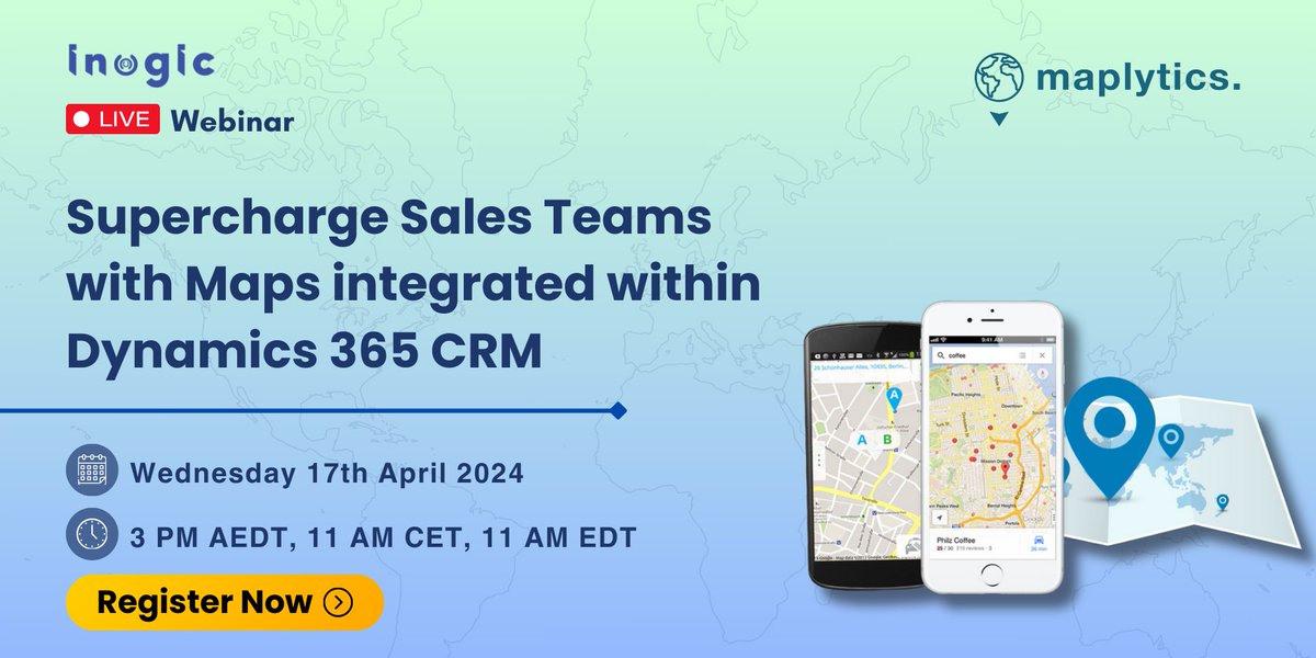 Don't miss this opportunity to supercharge your sales teams with the power of #LocationIntelligence! Join our webinar To Know More
Register Now - bit.ly/47z4GU5

#Webinar #MSDyn365 #Dynamics365 #Microsoft #territorymanagement #routeoptimization #Dynamics365Partner
