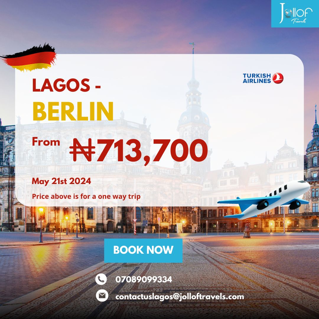 Fly from Lagos to Berlin with Jollof Travels this season.

For visas, tours and affordable flights bookings, Kindly DM us  bit.ly/3Soc4gw to speak with our travel agents

#Flight #Travel #ExploreBerlin #Germany #Naira