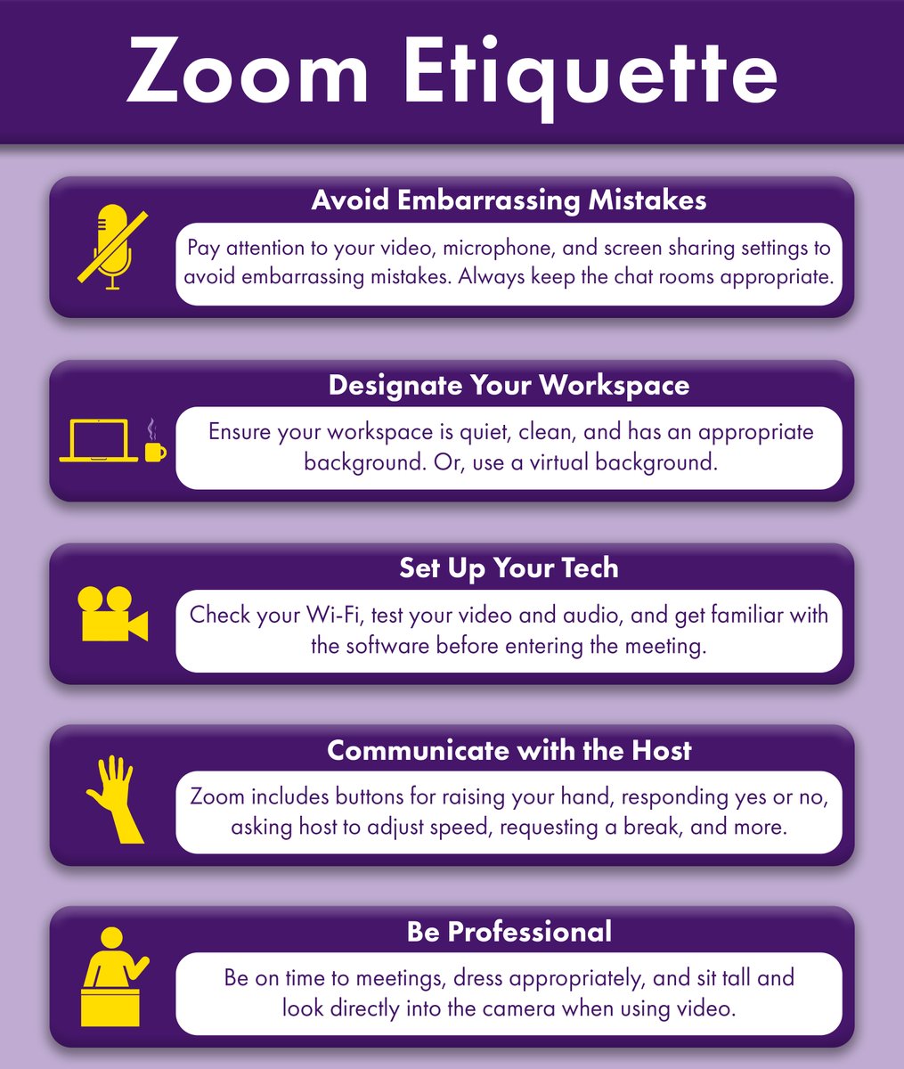 #Infographic: 5 Zoom Etiquettes everyone should know about!

#VideoConference #RemoteWork #VirtualMeeting #ZoomTips #Telecommuting #Webinar #Technology #WorkFromHome #HybridWorkplace #AVTech #Communication #Collaboration

cc: @AVNationTV @AVDawn @antgrasso @lindagrass0