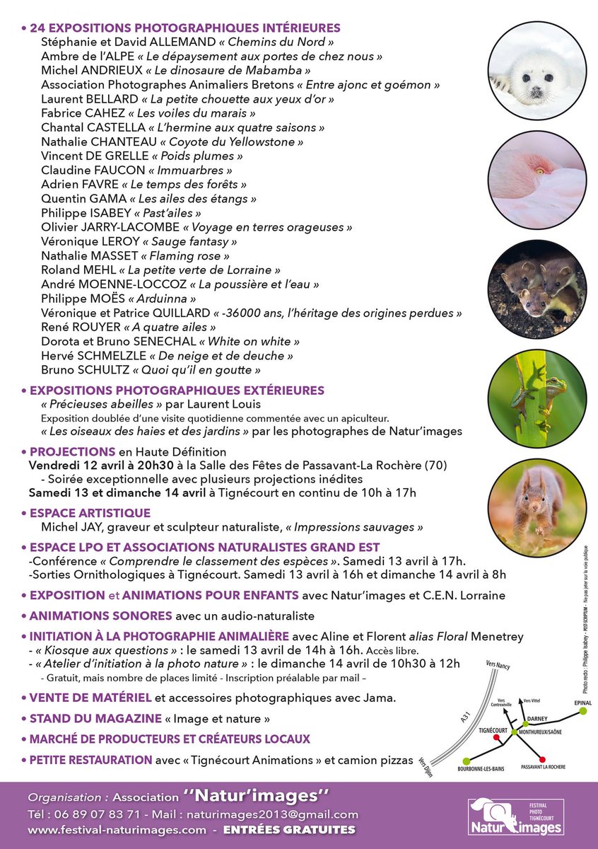📷 𝗡𝗮𝘁𝘂𝗿'𝗶𝗺𝗮𝗴𝗲𝘀 𝗹𝗲𝘀 𝟭𝟯 &amp; 𝟭𝟰 𝗮𝘃𝗿𝗶𝗹 📷
Le Festival Natur'images, de photographie naturaliste, revient à Tignécourt, au cœur de la forêt de Darney, les 13 et 14 avril ! La 16ème édition à ne pas manquer !
Infos : festival-naturimages.com