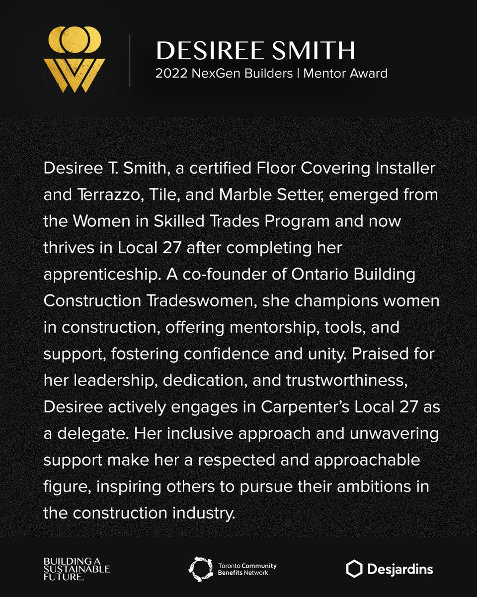 Desiree Smith is the recipient of the 2022 Nexgen Builders Mentor Award To learn more about the Building Diversity Awards or our honouree - buildingdiversity.ca/honourees/desi… Nominations for the 2024 BDA close April 30 #BuildingDiversityAwards2024 #diversityandinclusion #CommunityBenefits