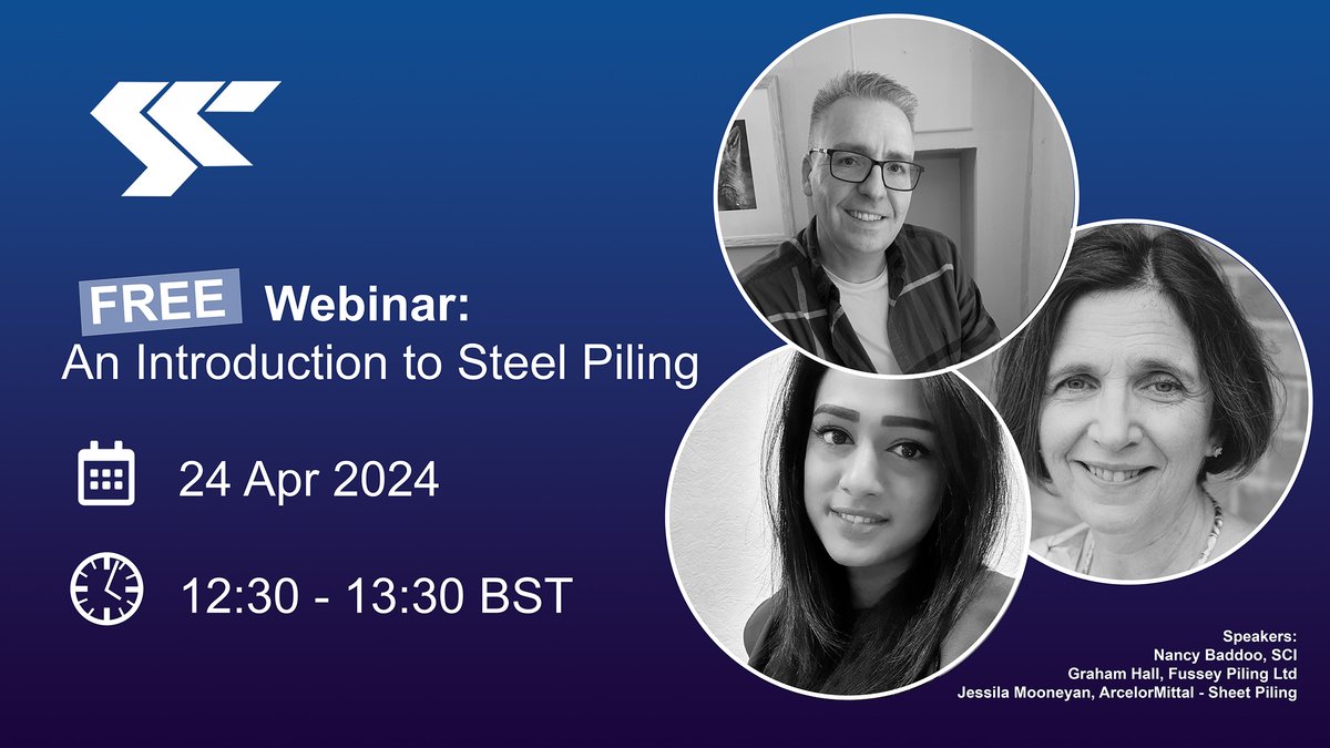 Experts from the SCI’s Steel Piling Group will give an introduction to steel piling in this upcoming FREE-TO-ALL webinar. Book your place now >> bit.ly/3IU1BU0 #steelconstruction #steelpiling #webinar #freewebinar #free #bestpractice #lunchtimewebinar