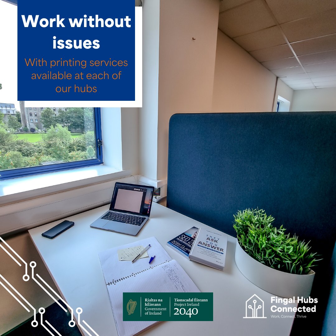 Work without limitations at any of our hubs. With our printing services, you can mull over all the important details to make sure that you succeed! 🤩🖨
#Ireland2040 #OurRuralFuture

Fingal Hubs Connected is supported by the @DeptRCD 
@BEaTCentre11 
@base_centre 
@EnterpriseDrina