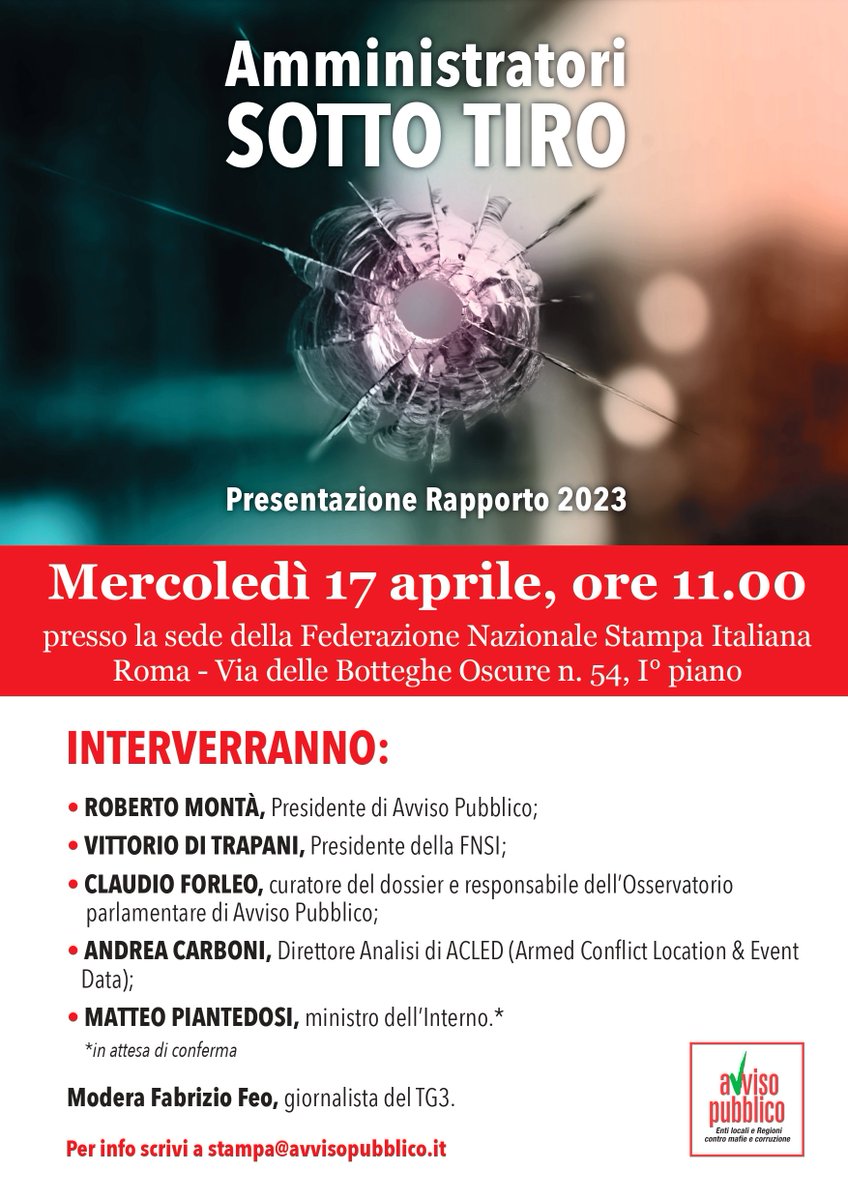 Il prossimo mercoledì 17 aprile avrò l'onore di partecipare alla presentazione del Rapporto 2023 di @avvisopubblico “Amministratori sotto tiro” per parlare della ricerca di @ACLEDINFO sul fenomeno delle intimidazioni agli amministratori locali in Europa. avvisopubblico.it/home/amministr…