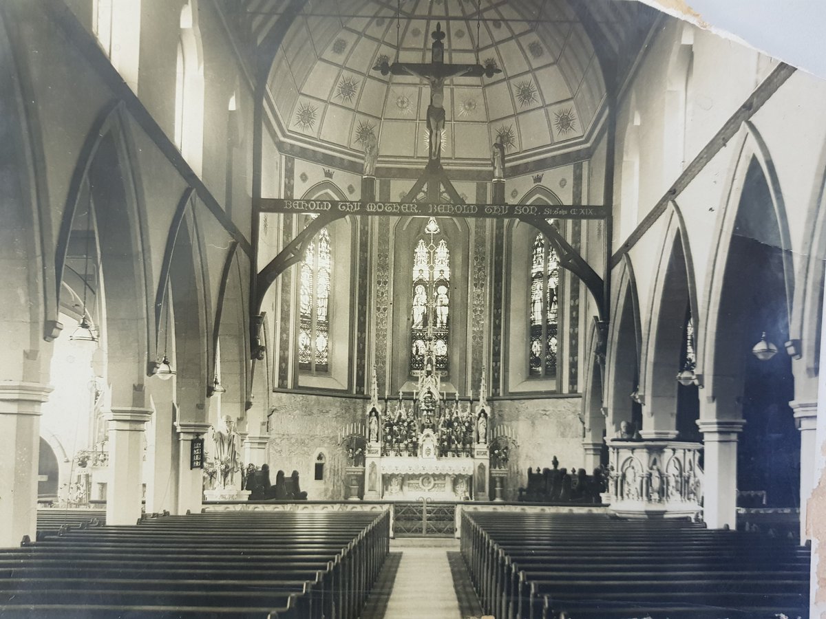 churcharchives's tweet photo. Saint Vincent's Church, Sheffield, circa 1935, built under the Irish Vincentians in 1856. Sadly bombed in 1940. You can see the Biblical quote 'Behold thy Mother. Behold thy Son.' from the Gospel of John on the crossbeam. #CatholicArchives #EnglishChurches #Sheffield https://t.co/Ojba6BShcN