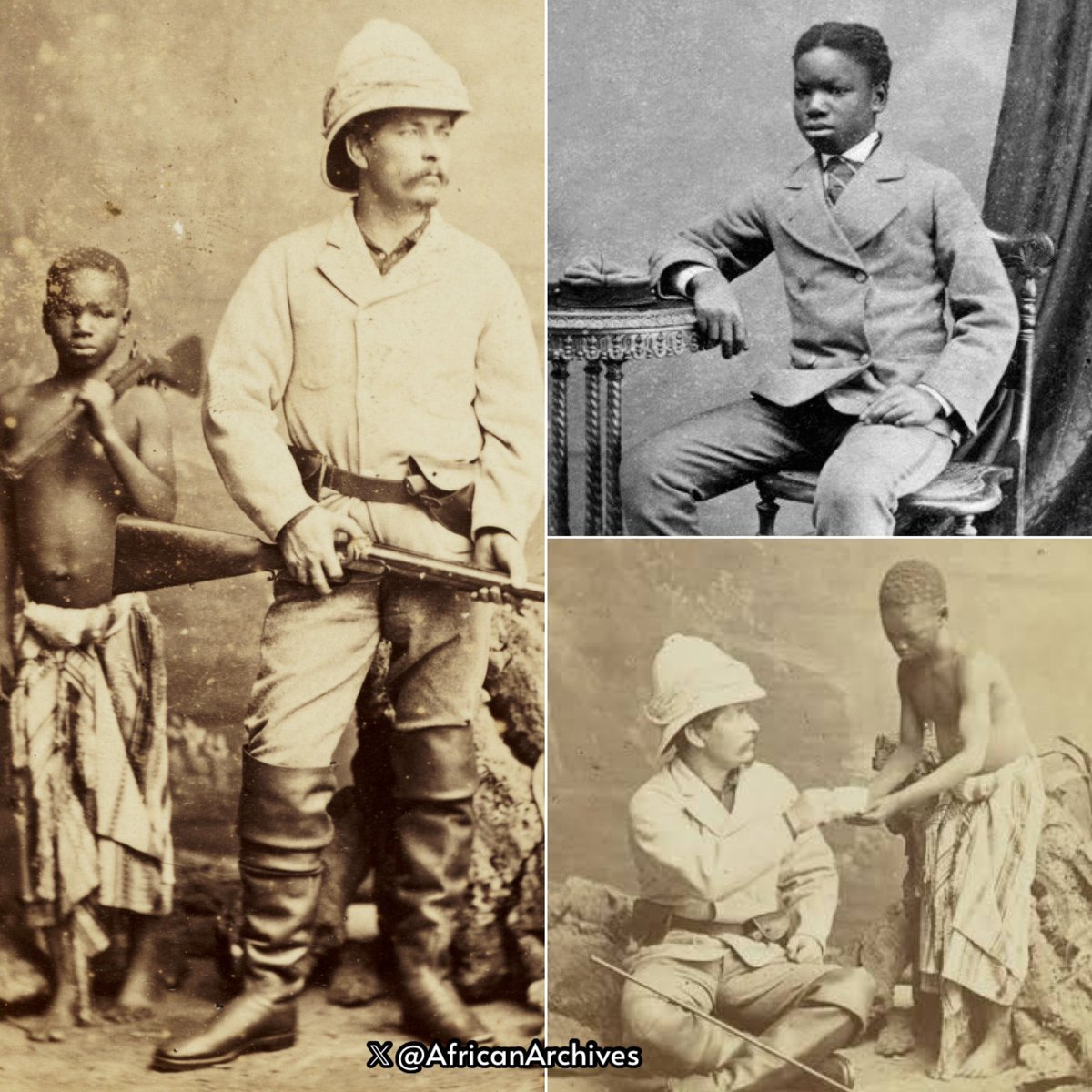 The boy pictured below was called Kalulu, a 12 year old enslaved African boy who drowned in Livingstone Falls in the Congo while working as a porter for British explorer, Sir Henry Morton Stanley, who also appears in one of the photos. He was sold to Stanley by an Arab…