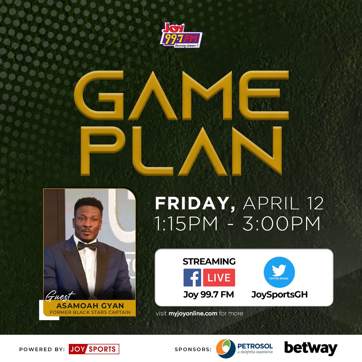 The Baby Jet @ASAMOAH_GYAN3 is our guest this afternoon. Tune in for all the low down on his new project the ‘ALL REGIONAL GAMES’ and so much more. Should be fun!