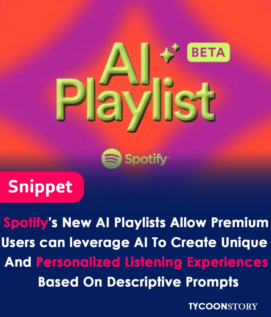 Spotify rolls out AI playlists in beta, letting premium users create personalized mixes with descriptive prompts. #Spotify #AIplaylists #GenerativeAI #MusicStreaming #AI #artificialintelligence #machinelearning #users #prompts #Premium #StreamingService @Spotify