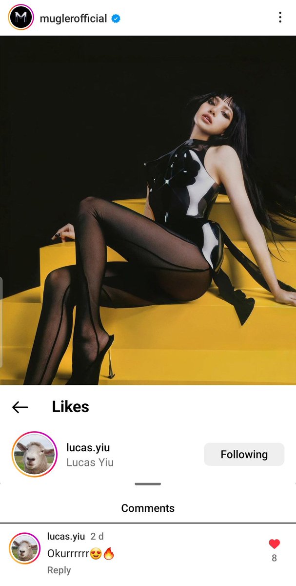 Luca Yiu (Loewe Social & Digital Creative) liked and commented on @Mugler's Instagram post with #LISA “Okurrrrrr😍🔥” 블랙핑크 리사 #ลิซ่า #리사 #リサ #LALISA #LLOUD #RCAxLLOUD @wearelloud @RCARecords