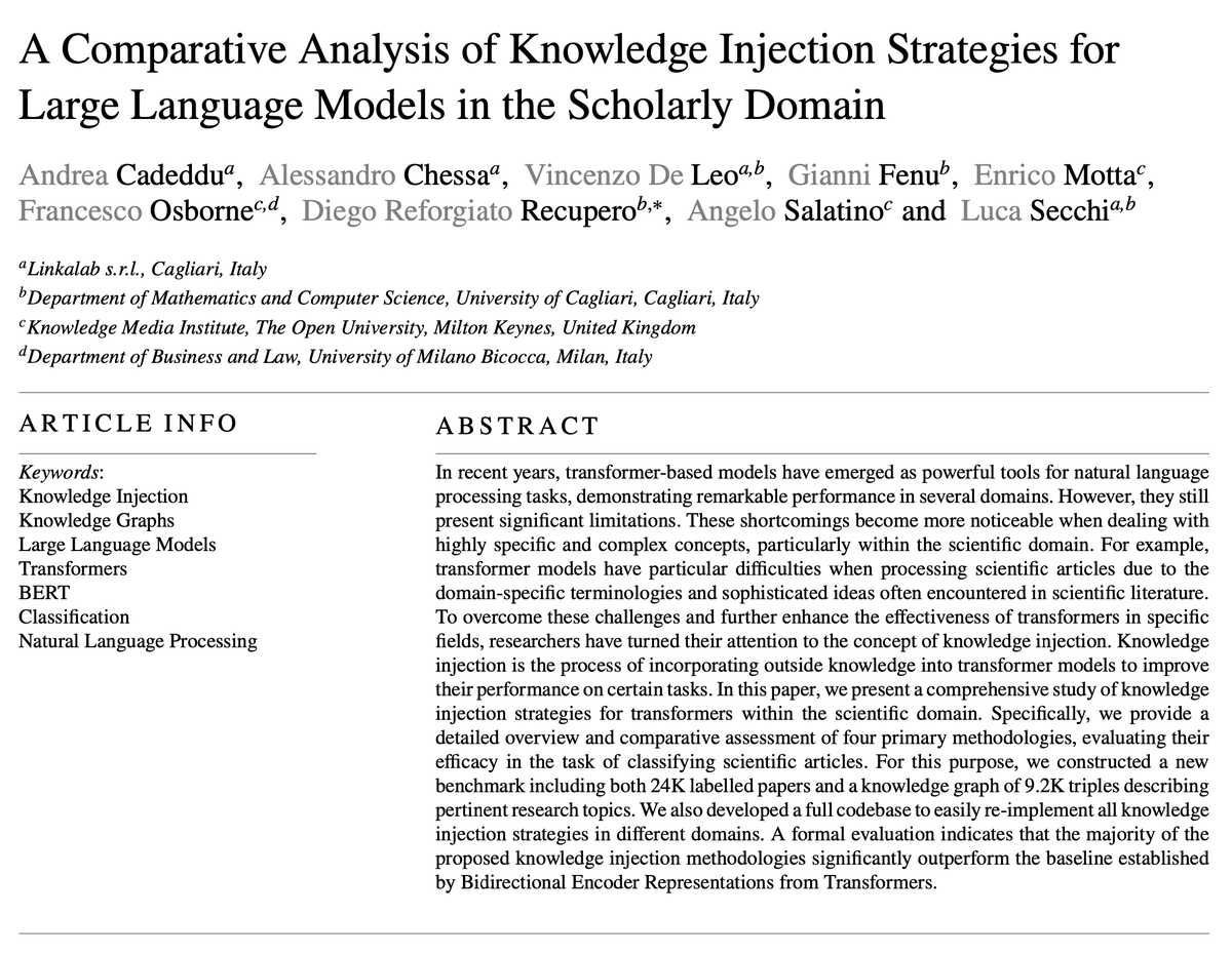 🔥 Thrilled to announce our new paper about knowledge injection strategies for #LargeLanguageModels. We analysed several techniques for integrating #KnowledgeGraphs into LLMs to improve research article classification. 👉 researchgate.net/publication/37… #DataScience #MachineLearning